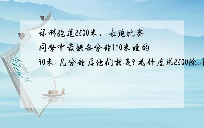 环形跑道2500米、长跑比赛同学中最快每分钟110米慢的90米,几分钟后他们相遇?为什麽用2500除以110与90