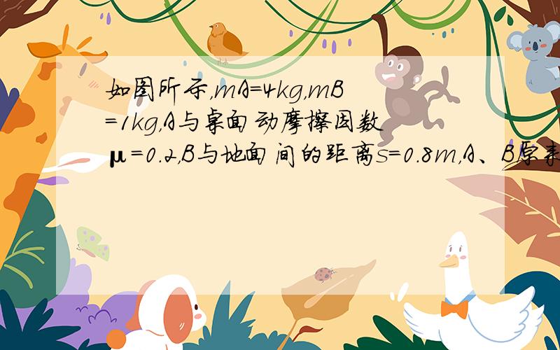 如图所示，mA=4kg，mB=1kg，A与桌面动摩擦因数μ=0.2，B与地面间的距离s=0.8m，A、B原来静止．求：