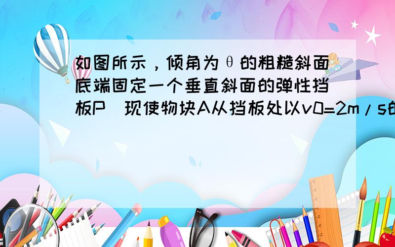 如图所示，倾角为θ的粗糙斜面底端固定一个垂直斜面的弹性挡板P．现使物块A从挡板处以v0=2m/s的初速度出发，沿斜面向上