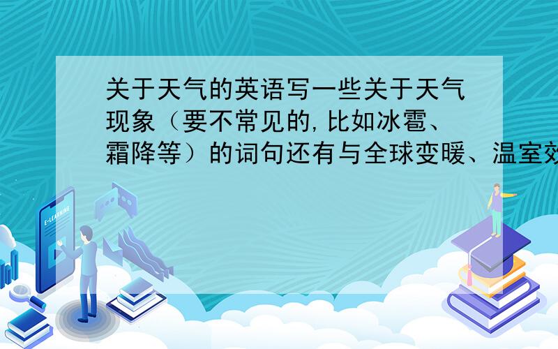 关于天气的英语写一些关于天气现象（要不常见的,比如冰雹、霜降等）的词句还有与全球变暖、温室效应有关的词或句子自然灾害也可