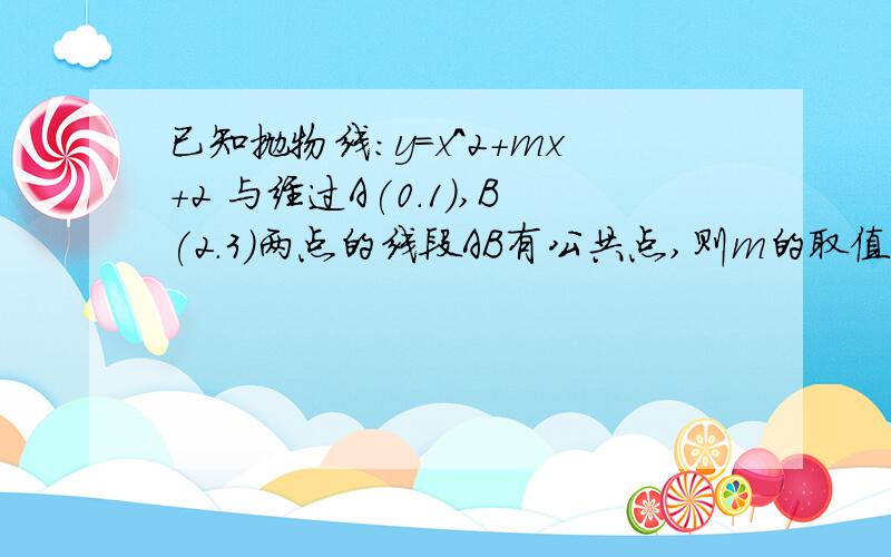 已知抛物线：y=x^2+mx+2 与经过A(0.1),B(2.3)两点的线段AB有公共点,则m的取值范围?