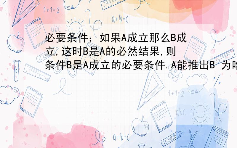 必要条件：如果A成立那么B成立,这时B是A的必然结果,则条件B是A成立的必要条件.A能推出B 为啥?