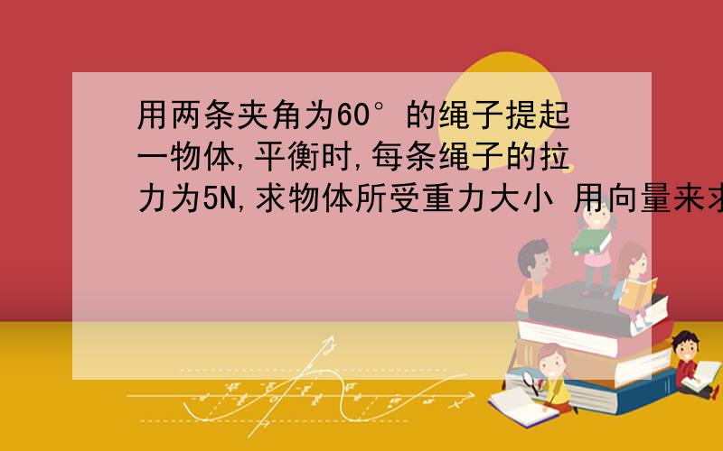 用两条夹角为60°的绳子提起一物体,平衡时,每条绳子的拉力为5N,求物体所受重力大小 用向量来求