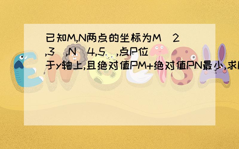 已知M,N两点的坐标为M(2,3),N(4,5),点P位于y轴上,且绝对值PM+绝对值PN最小,求P点坐标