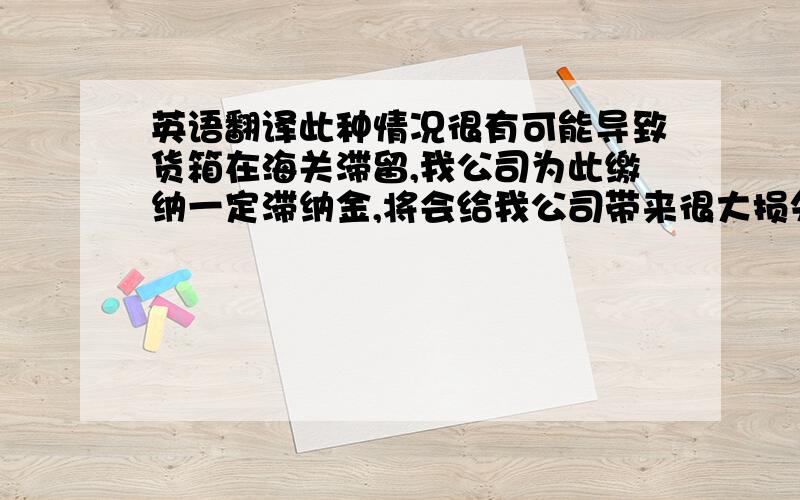 英语翻译此种情况很有可能导致货箱在海关滞留,我公司为此缴纳一定滞纳金,将会给我公司带来很大损失.希望贵公司能引以为戒,以