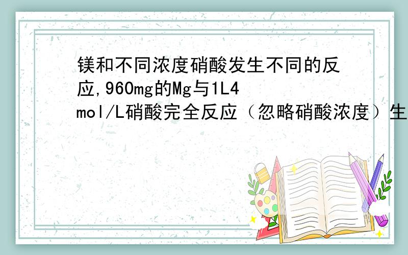 镁和不同浓度硝酸发生不同的反应,960mg的Mg与1L4mol/L硝酸完全反应（忽略硝酸浓度）生成224mL气体