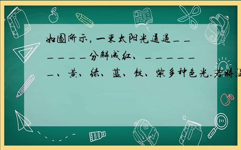 如图所示，一束太阳光通过______分解成红、______、黄、绿、蓝、靛、紫多种色光．若将温度计的玻璃泡放在_____