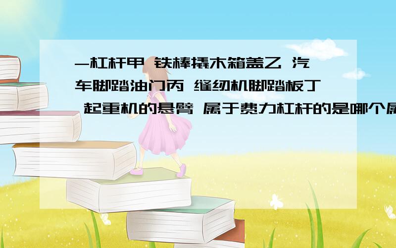 -杠杆甲 铁棒撬木箱盖乙 汽车脚踏油门丙 缝纫机脚踏板丁 起重机的悬臂 属于费力杠杆的是哪个属于省力杠杆的是哪个