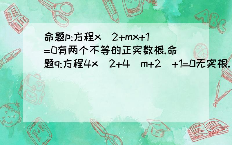 命题p:方程x^2+mx+1=0有两个不等的正实数根.命题q:方程4x^2+4(m+2)+1=0无实根.