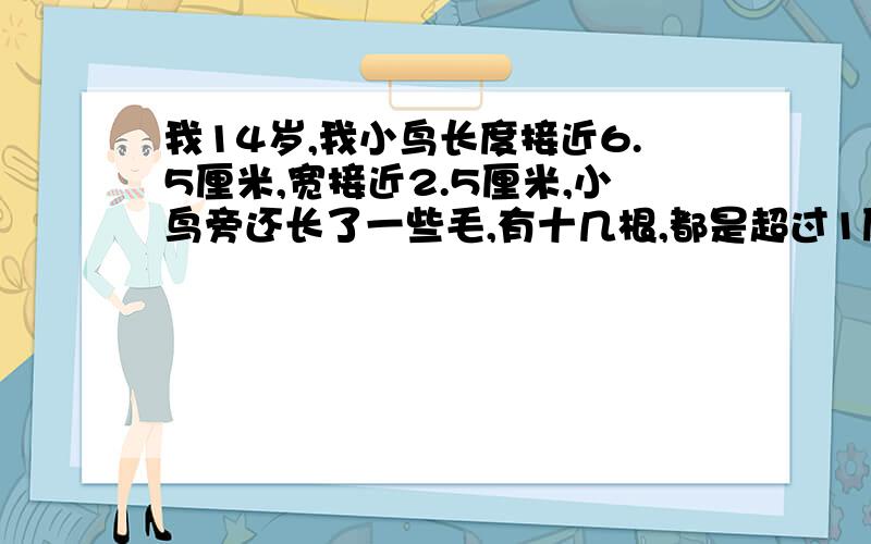 我14岁,我小鸟长度接近6.5厘米,宽接近2.5厘米,小鸟旁还长了一些毛,有十几根,都是超过1厘米.