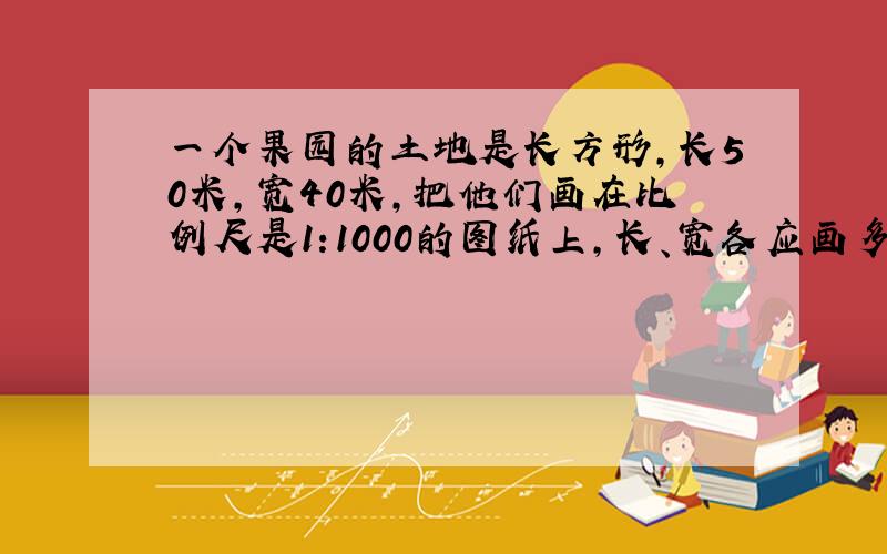 一个果园的土地是长方形,长50米,宽40米,把他们画在比例尺是1:1000的图纸上,长、宽各应画多长?这个果园的图上面积