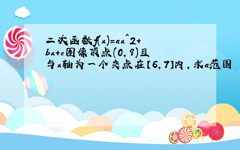 二次函数f(x)=ax^2+bx+c图像顶点(0,9)且与x轴为一个交点在【6,7】内,求a范围