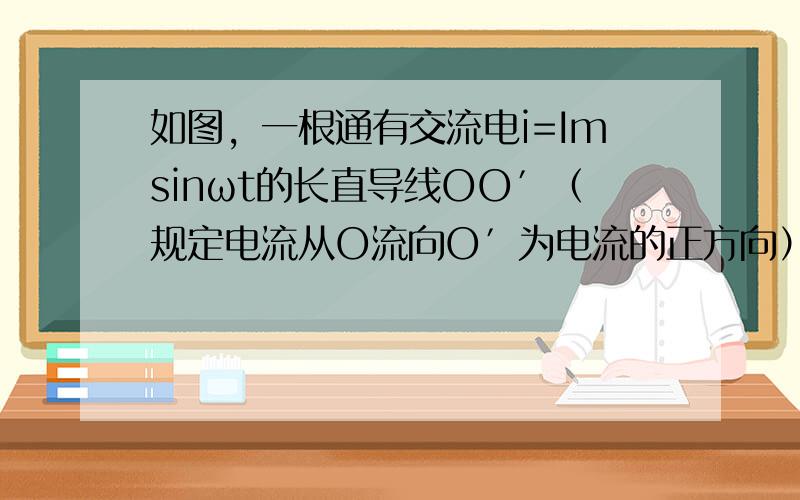 如图，一根通有交流电i=Imsinωt的长直导线OO′（规定电流从O流向O′为电流的正方向），与一个断开的圆形线圈处在同