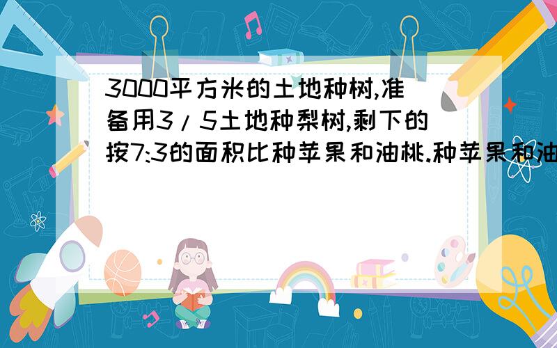 3000平方米的土地种树,准备用3/5土地种梨树,剩下的按7:3的面积比种苹果和油桃.种苹果和油桃的面积各是多