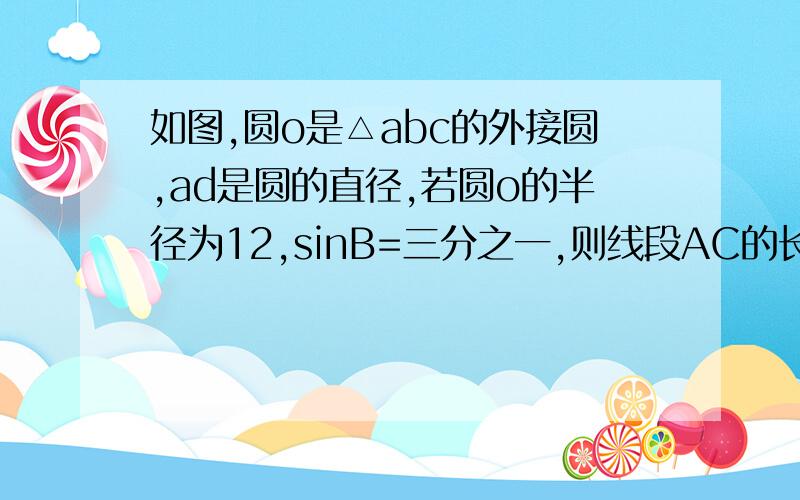 如图,圆o是△abc的外接圆,ad是圆的直径,若圆o的半径为12,sinB=三分之一,则线段AC的长是