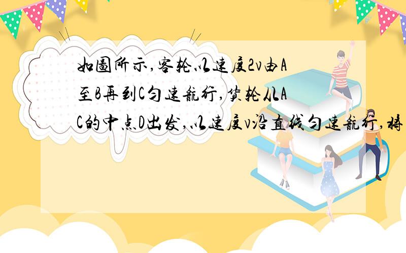 如图所示,客轮以速度2v由A至B再到C匀速航行,货轮从AC的中点D出发,以速度v沿直线匀速航行,将货物送达客