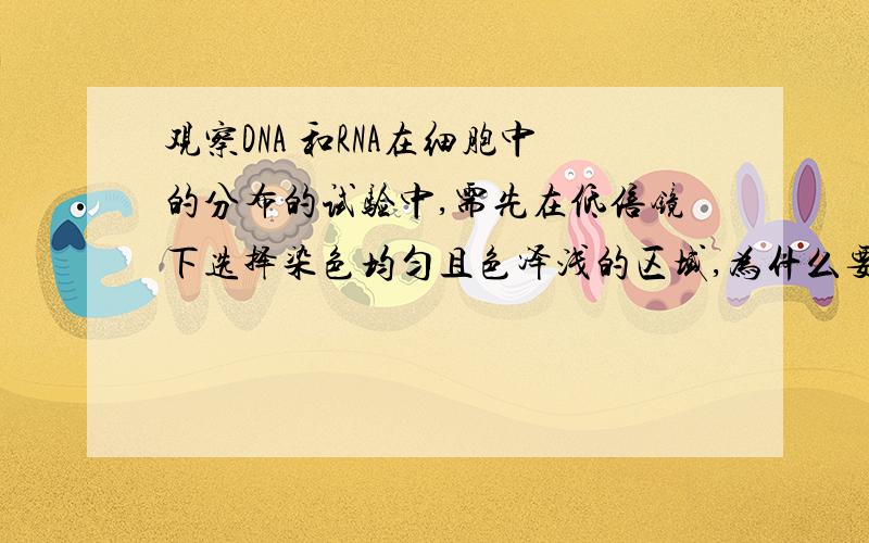 观察DNA 和RNA在细胞中的分布的试验中,需先在低倍镜下选择染色均匀且色泽浅的区域,为什么要色泽浅?