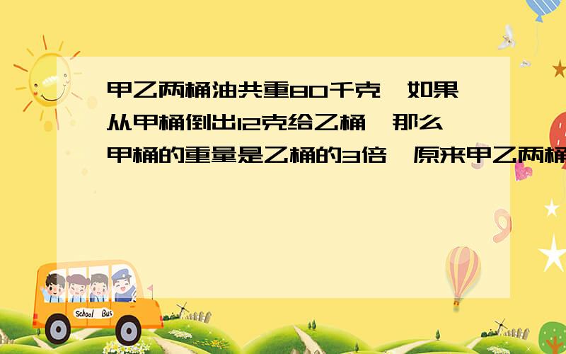 甲乙两桶油共重80千克,如果从甲桶倒出12克给乙桶,那么甲桶的重量是乙桶的3倍,原来甲乙两桶油各重多少千克?