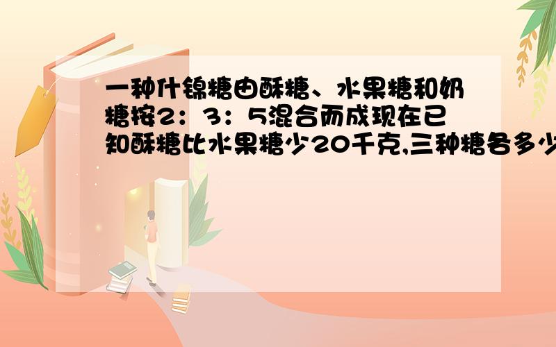 一种什锦糖由酥糖、水果糖和奶糖按2：3：5混合而成现在已知酥糖比水果糖少20千克,三种糖各多少千克?