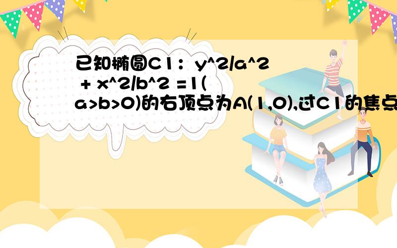 已知椭圆C1：y^2/a^2 + x^2/b^2 =1(a>b>0)的右顶点为A(1,0),过C1的焦点且垂直长轴的弦长