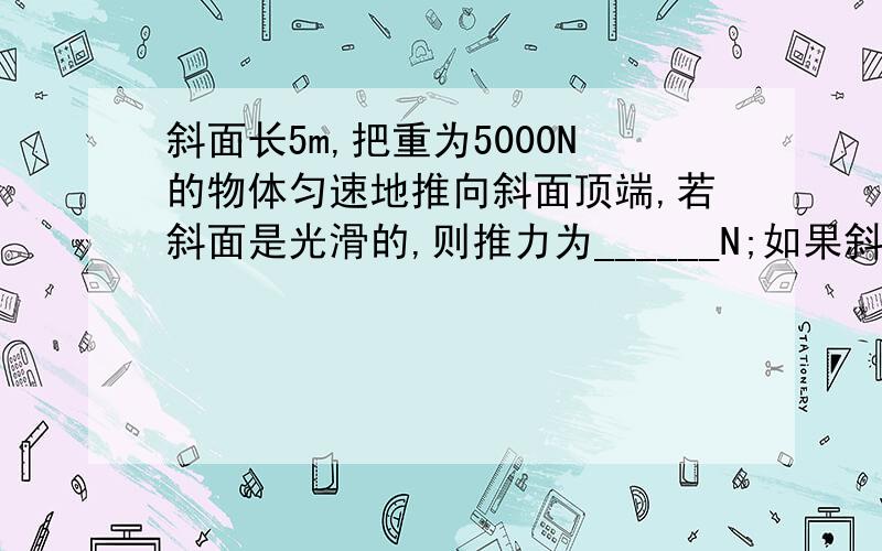 斜面长5m,把重为5000N的物体匀速地推向斜面顶端,若斜面是光滑的,则推力为______N;如果斜面不光滑,所用推力为