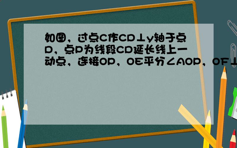 如图，过点C作CD⊥y轴于点D，点P为线段CD延长线上一动点，连接OP，OE平分∠AOP，OF⊥OE，当点P运动时，∠O