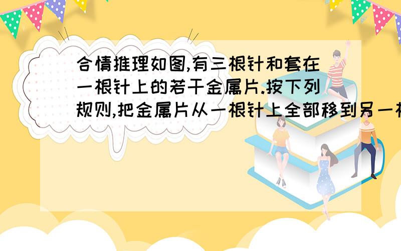 合情推理如图,有三根针和套在一根针上的若干金属片.按下列规则,把金属片从一根针上全部移到另一根针上.（1）每次只能移动1