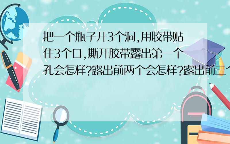 把一个瓶子开3个洞,用胶带贴住3个口,撕开胶带露出第一个孔会怎样?露出前两个会怎样?露出前三个会怎样?