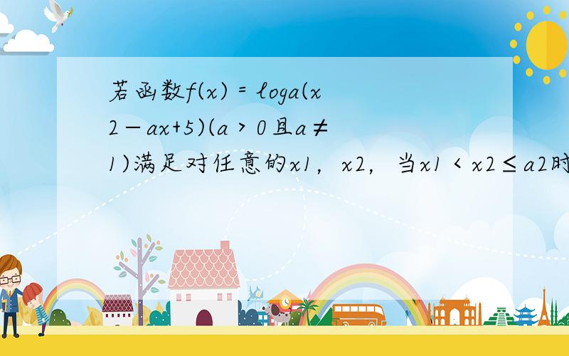 若函数f(x)＝loga(x2−ax+5)(a＞0且a≠1)满足对任意的x1，x2，当x1＜x2≤a2时f（x2）-f（