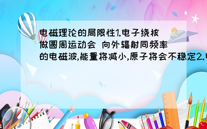 电磁理论的局限性1.电子绕核做圆周运动会 向外辐射同频率的电磁波,能量将减小,原子将会不稳定2.电子旋转半径减少的同时,