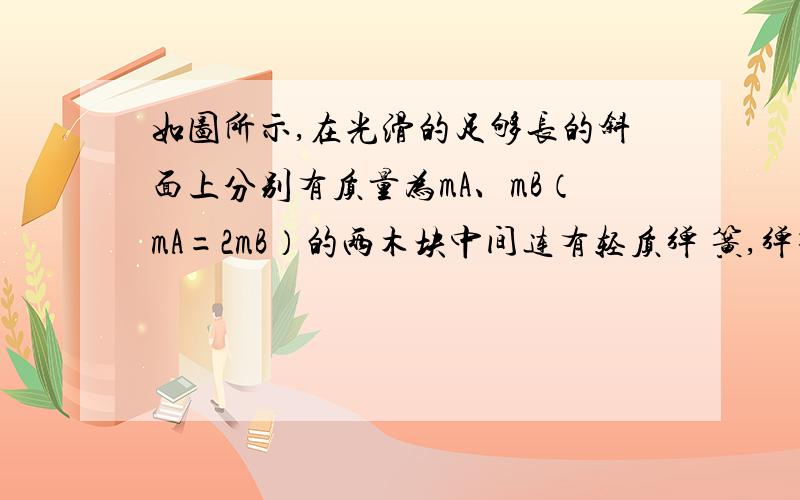 如图所示,在光滑的足够长的斜面上分别有质量为mA、mB（mA=2mB）的两木块中间连有轻质弹 簧,弹簧处于原