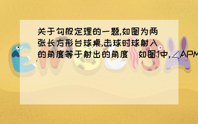 关于勾股定理的一题,如图为两张长方形台球桌,击球时球射入的角度等于射出的角度（如图1中,∠APM=∠BPN）（1）如图1