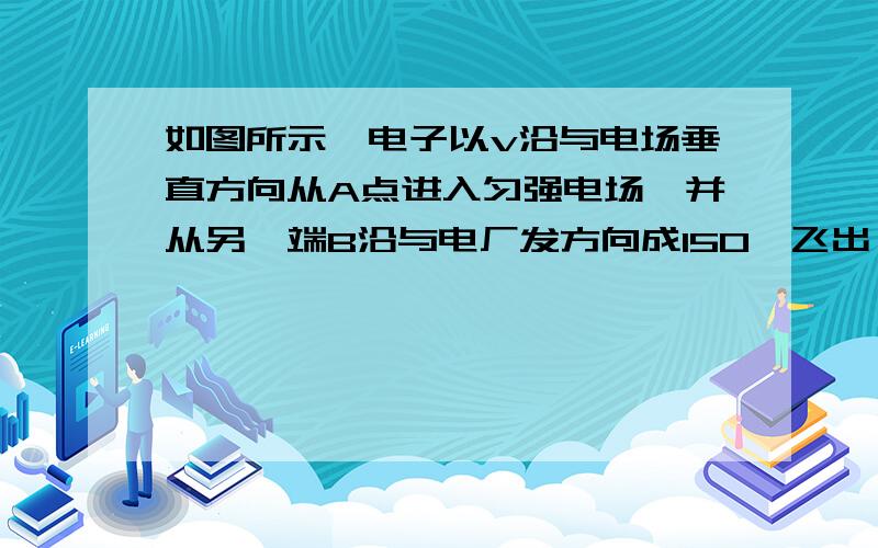 如图所示,电子以v沿与电场垂直方向从A点进入匀强电场,并从另一端B沿与电厂发方向成150°飞出,问A,B两点的电势差是?