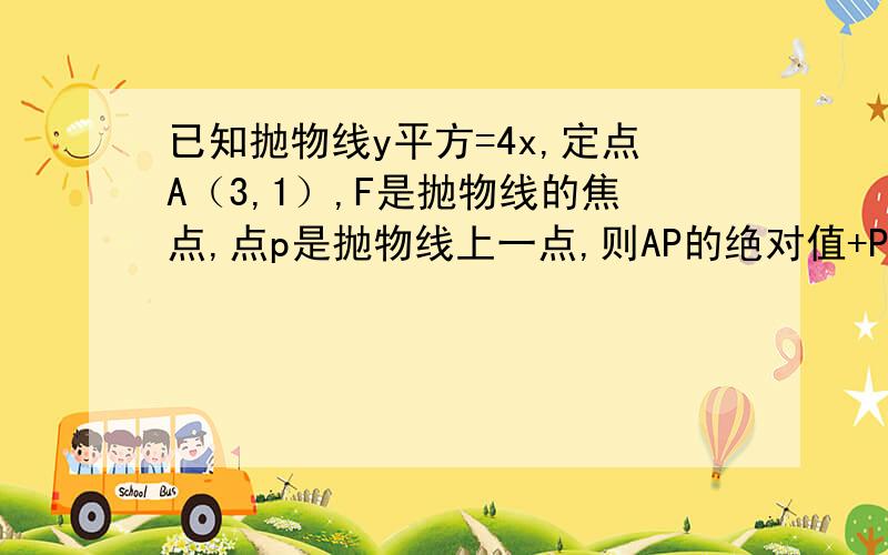 已知抛物线y平方=4x,定点A（3,1）,F是抛物线的焦点,点p是抛物线上一点,则AP的绝对值+PF绝对值最小值为