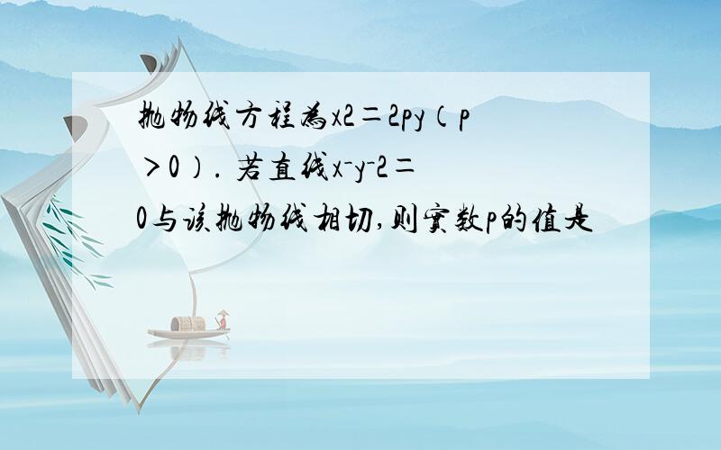 抛物线方程为x2＝2py（p＞0）. 若直线x－y－2＝0与该抛物线相切,则实数p的值是