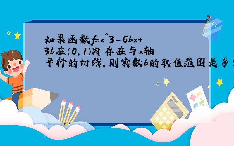 如果函数f=x^3-6bx+3b在（0,1）内存在与x轴平行的切线,则实数b的取值范围是多少?