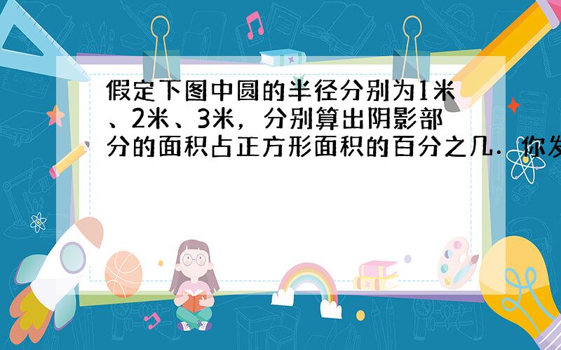 假定下图中圆的半径分别为1米、2米、3米，分别算出阴影部分的面积占正方形面积的百分之几．你发现了什么规律？