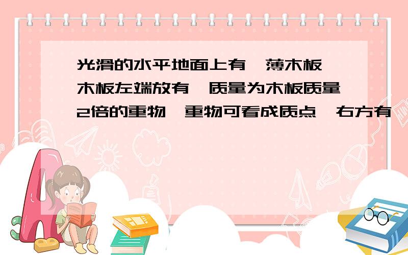 光滑的水平地面上有一薄木板,木板左端放有一质量为木板质量2倍的重物,重物可看成质点,右方有一竖直...