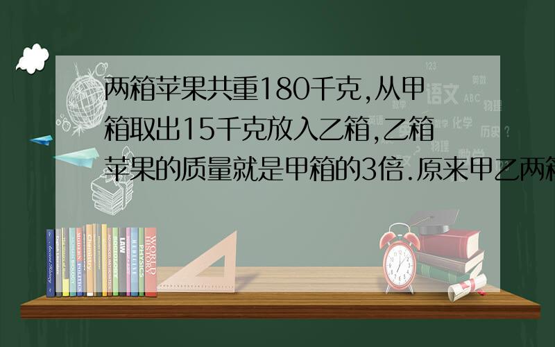 两箱苹果共重180千克,从甲箱取出15千克放入乙箱,乙箱苹果的质量就是甲箱的3倍.原来甲乙两箱各有苹果多