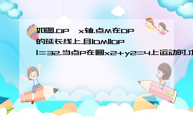 如图，DP⊥x轴，点M在DP的延长线上，且|DM||DP|＝32，当点P在圆x2+y2=4上运动时，求：动点M的轨迹方程