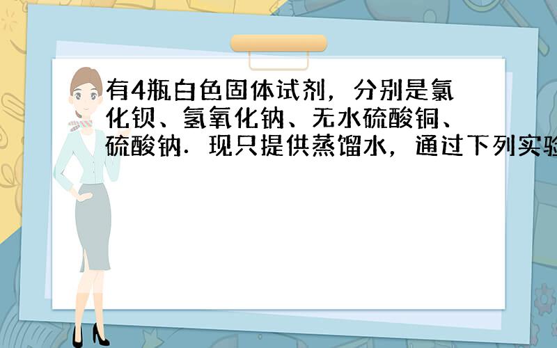 有4瓶白色固体试剂，分别是氯化钡、氢氧化钠、无水硫酸铜、硫酸钠．现只提供蒸馏水，通过下列实验步骤即可鉴别它们．请填写下列