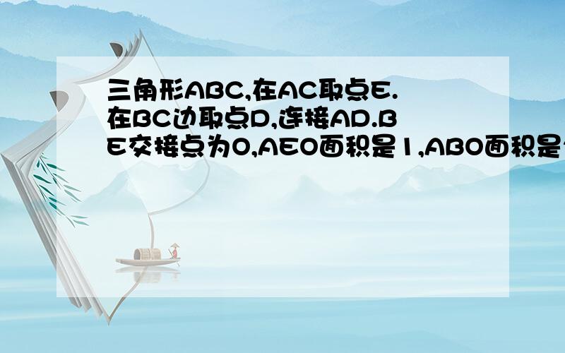 三角形ABC,在AC取点E.在BC边取点D,连接AD.BE交接点为O,AEO面积是1,ABO面积是2,BOD面积是3.四