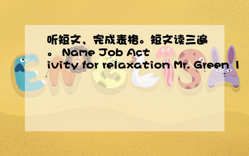 听短文，完成表格。短文读三遍。 Name Job Activity for relaxation Mr. Green 1