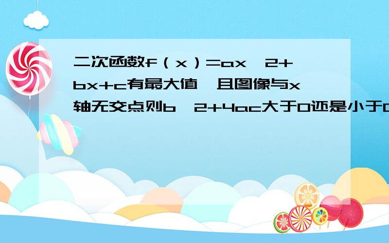 二次函数f（x）=ax^2+bx+c有最大值,且图像与x轴无交点则b^2+4ac大于0还是小于0