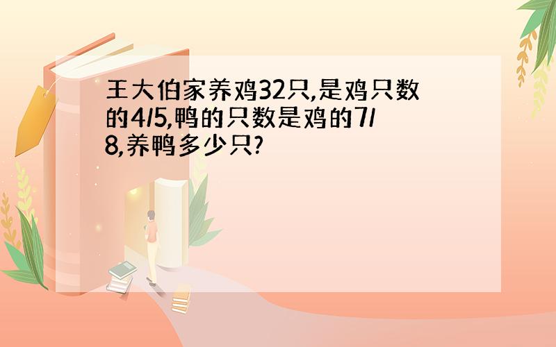 王大伯家养鸡32只,是鸡只数的4/5,鸭的只数是鸡的7/8,养鸭多少只?