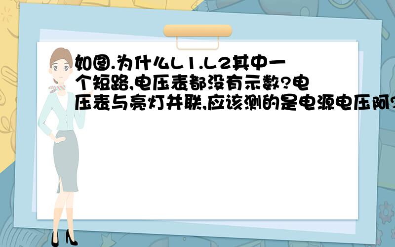 如图.为什么L1.L2其中一个短路,电压表都没有示数?电压表与亮灯并联,应该测的是电源电压阿?