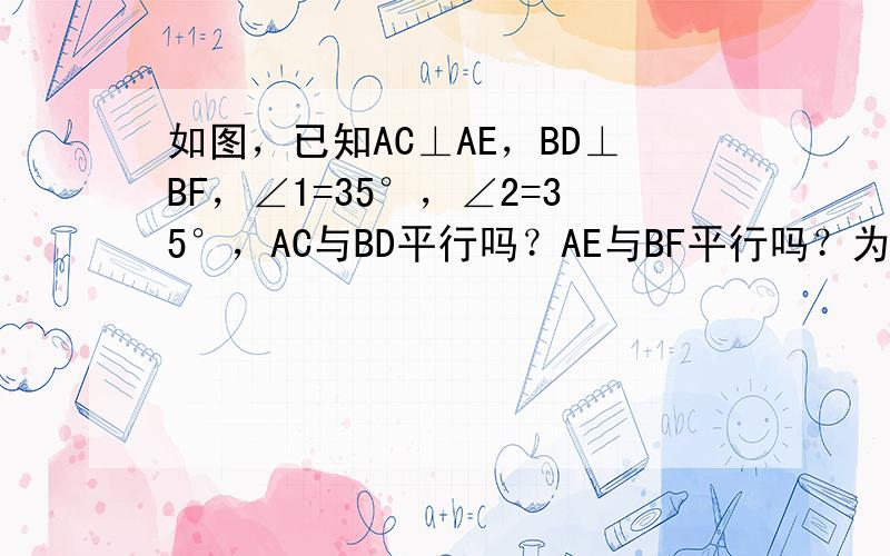 如图，已知AC⊥AE，BD⊥BF，∠1=35°，∠2=35°，AC与BD平行吗？AE与BF平行吗？为什么？