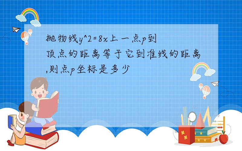 抛物线y^2=8x上一点p到顶点的距离等于它到准线的距离,则点p坐标是多少