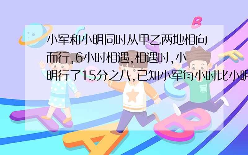 小军和小明同时从甲乙两地相向而行,6小时相遇,相遇时,小明行了15分之八,已知小军每小时比小明慢4分之3