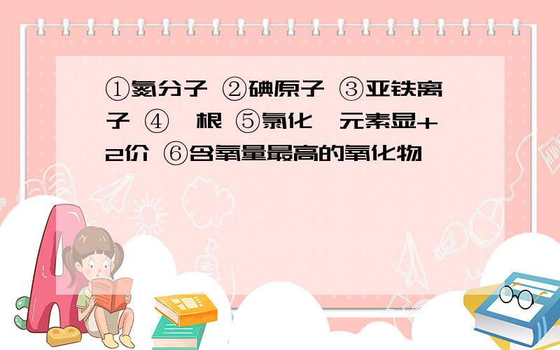 ①氮分子 ②碘原子 ③亚铁离子 ④铵根 ⑤氯化镁元素显+2价 ⑥含氧量最高的氧化物